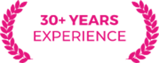 30+ Years Experience badge with pink laurel wreath design