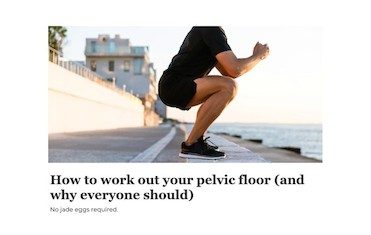Person performing a pelvic floor exercise on a beach boardwalk with buildings in background