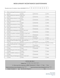 MESA Incontinence Questionnaire form with symptom severity rating scales