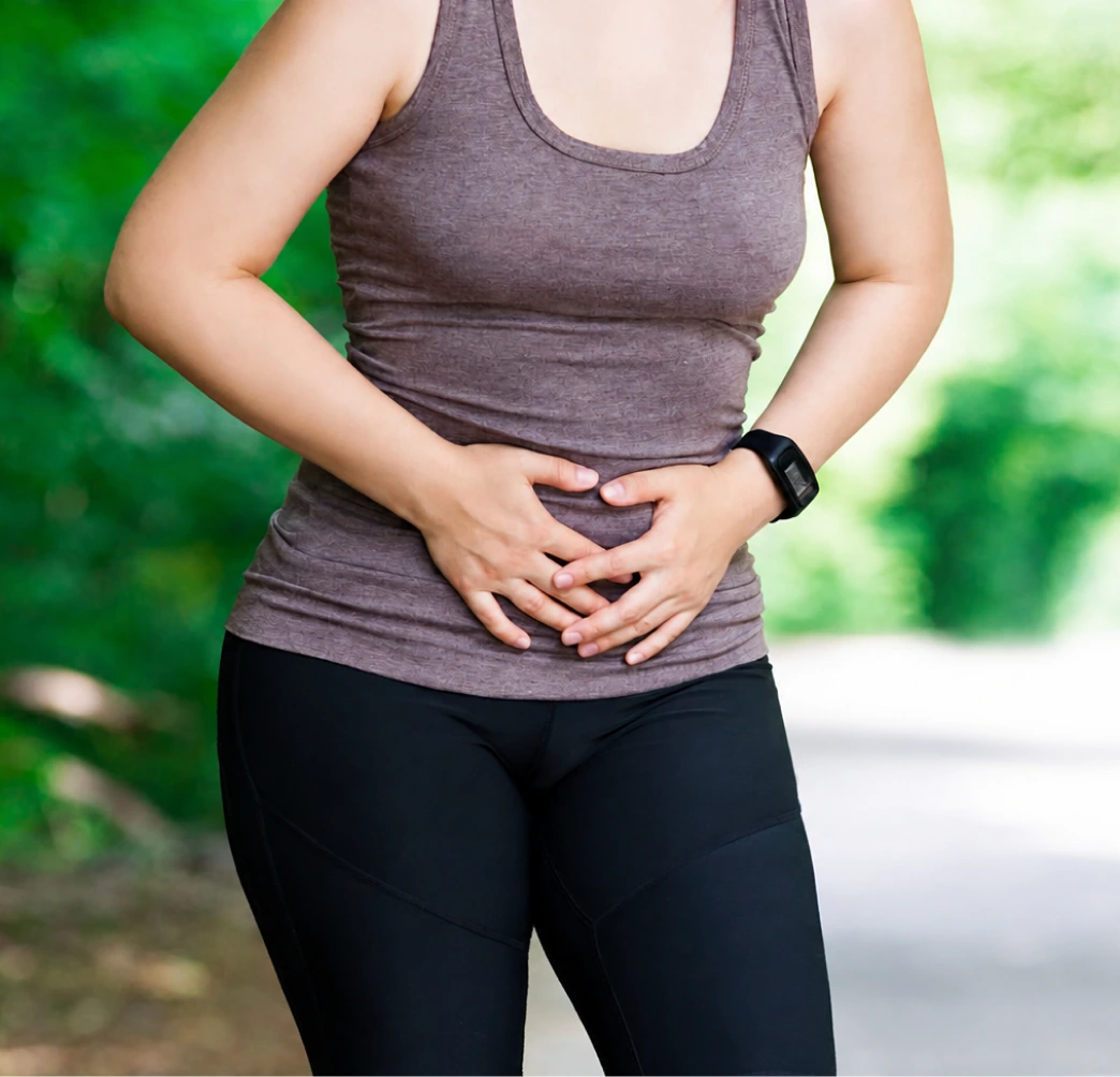 Woman holding her abdomen, illustrating fecal incontinence discomfort