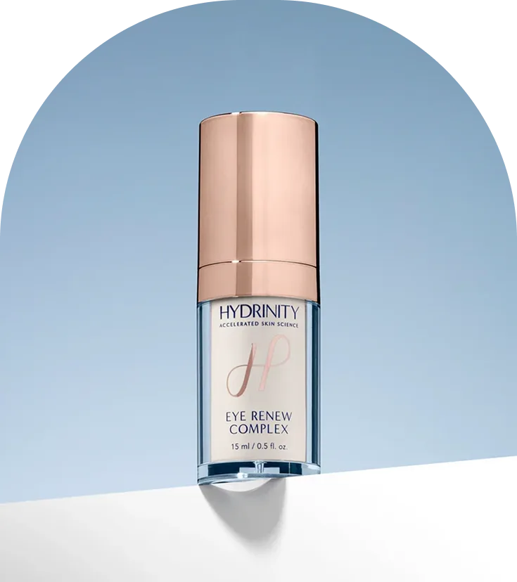 Hydrinity Eye Renew Complex bottle on blue and white background