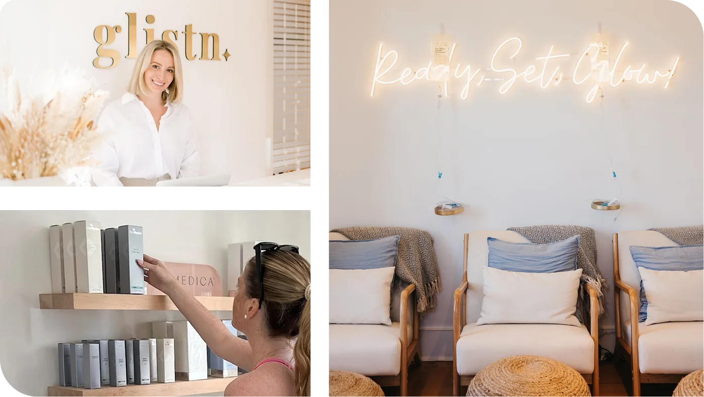 Glistn+ logo and neon 'Ready. Set. Glow!' sign with practice interior showing product shelf and treatment chairs