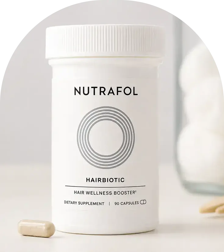 Nutrafol Hairbiotic Hair Wellness Booster dietary supplement bottle with 90 capsules
