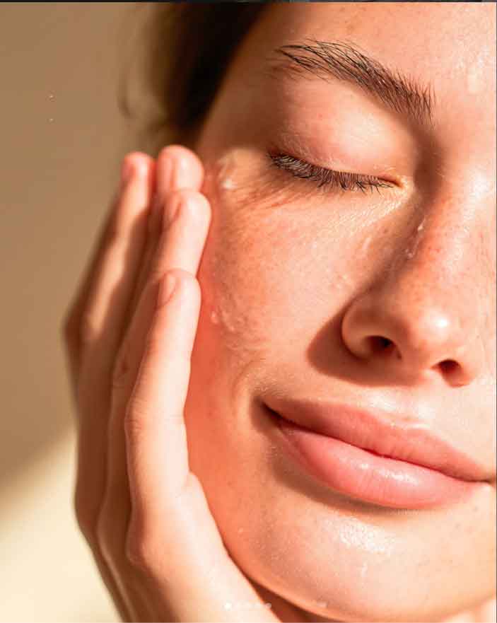 Woman touching her face with hand, showing smooth, radiant skin