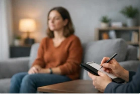 Therapist taking notes while woman in orange shirt sits on couch during session