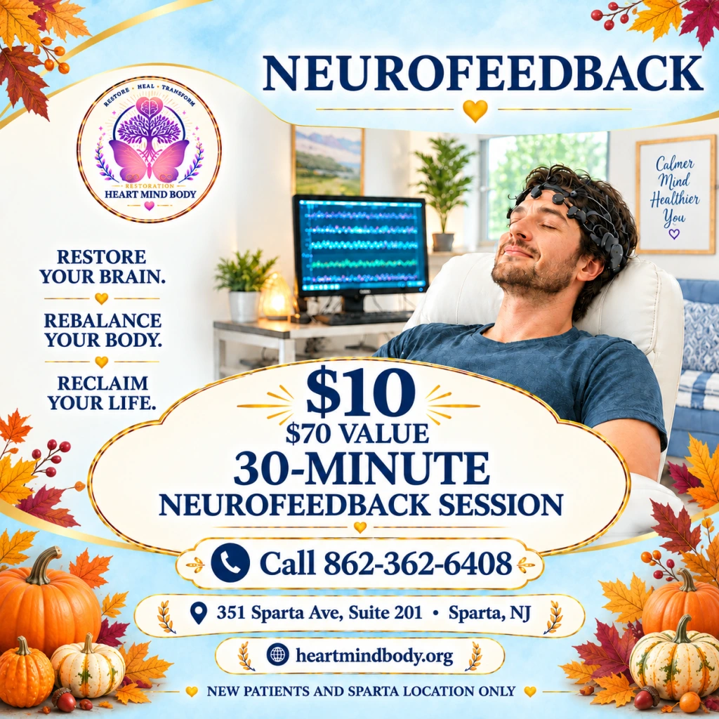 Man wearing neurofeedback headset relaxes in chair with brainwave display visible; promotional flyer for $10 neurofeedback session at Heart Mind Body, Sparta, NJ