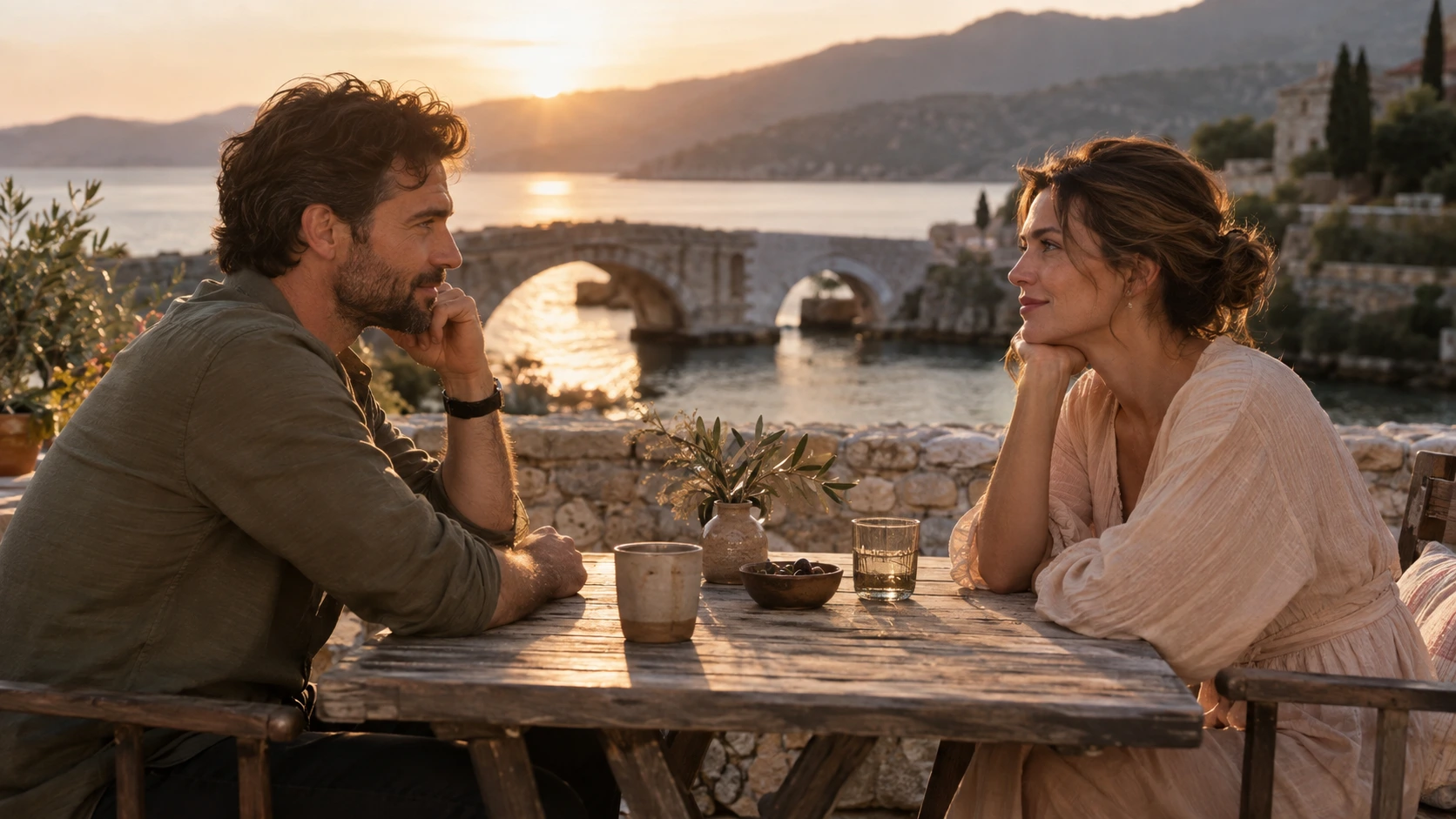 Couple sitting across from each other at a wooden table at sunset by the water