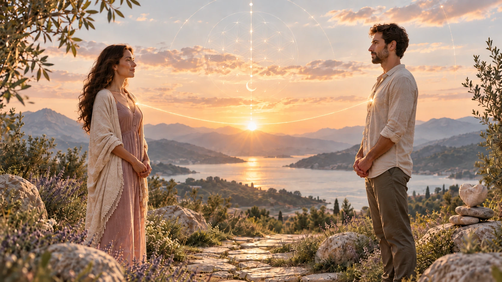 Couple standing together at sunset overlooking mountains and water, connected by a glowing light