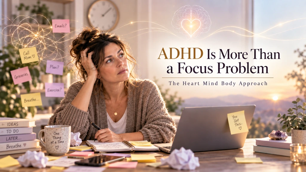 Woman at a desk surrounded by notes and tasks, representing ADHD beyond a focus problem