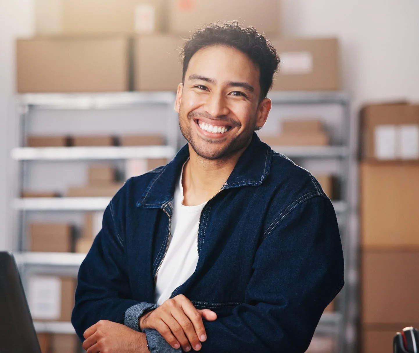 Portraitshippingandhappymanwithlaptopinofficefor