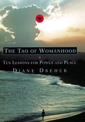 The Tao of Womanhood book cover by Diane Dreher showing sunset over ocean with person on beach