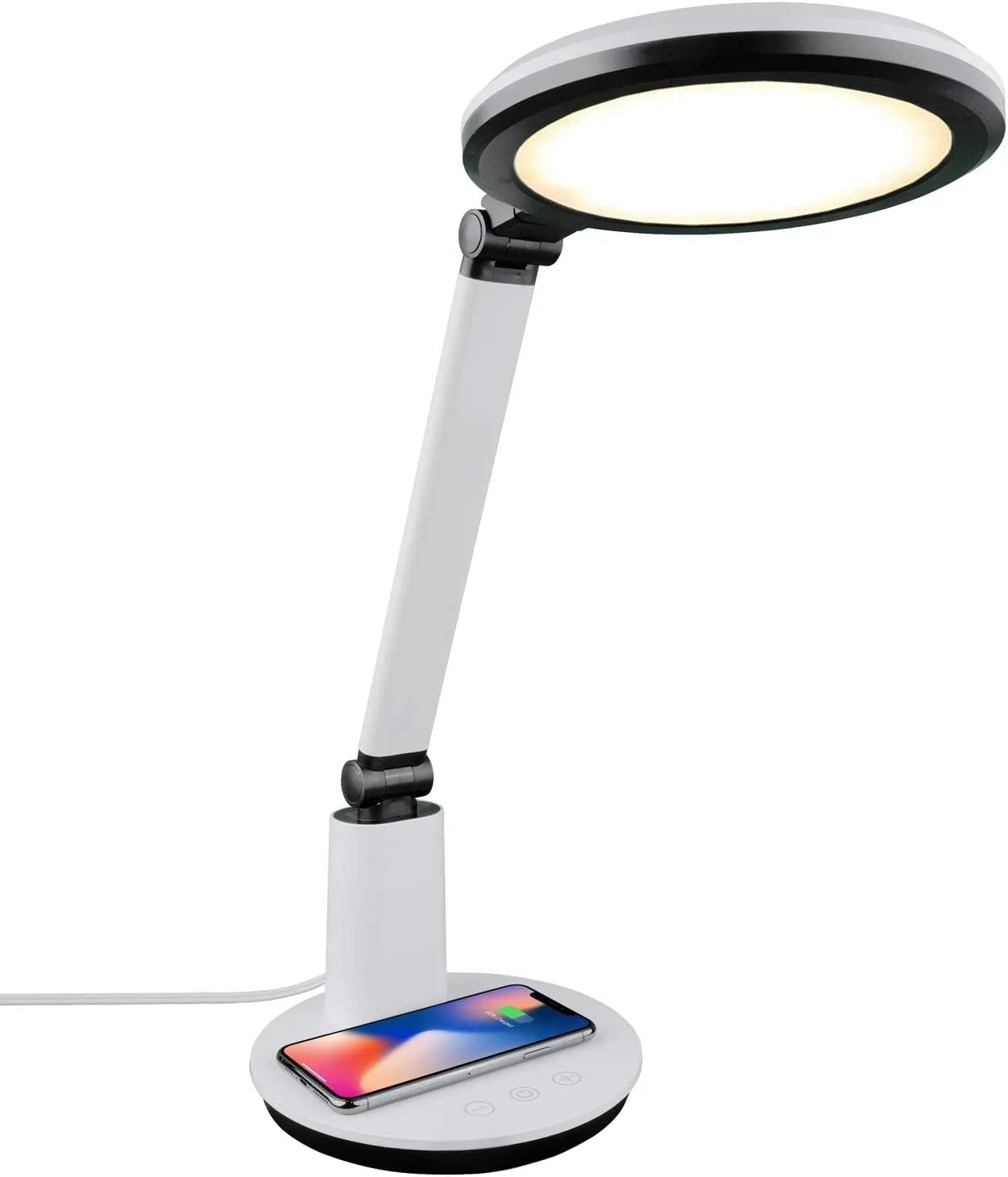 LED desk lamp with white stem and black ring head featuring smartphone wireless charging pad in base