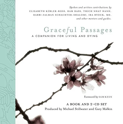 Graceful Passages: A Companion for Living and Dying book cover with flowering branch against white background, 2-CD set produced by Michael Stillwater and Gary Malkin