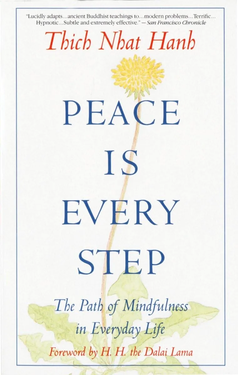 Book cover: Peace Is Every Step by Thich Nhat Hanh, featuring yellow flower and blue leaf illustration