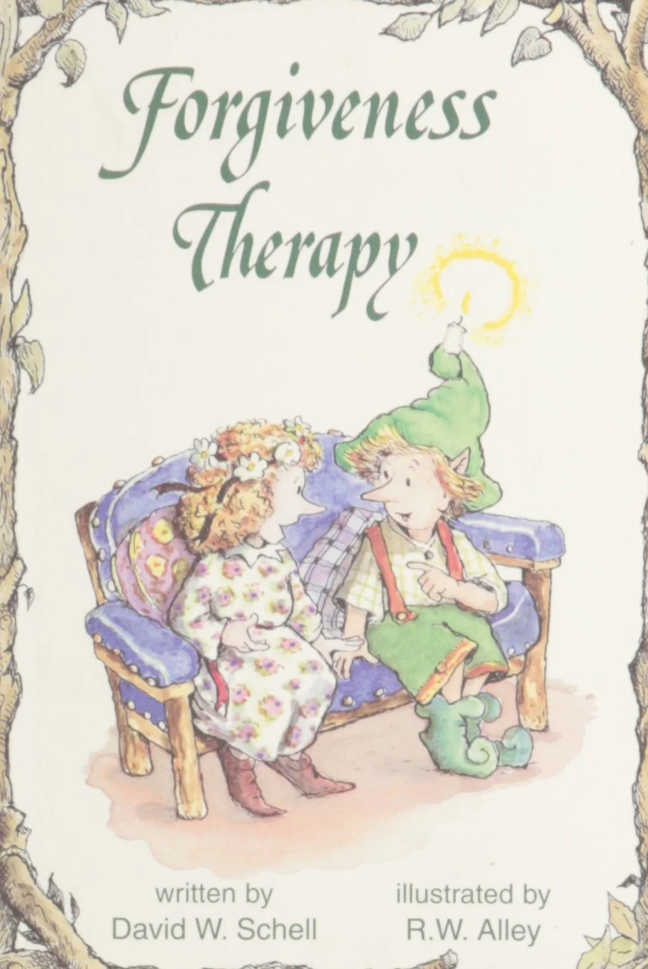 Forgiveness Therapy book cover showing two children sitting together on a chair under a glowing sun, written by David W. Schell and illustrated by R.W. Alley