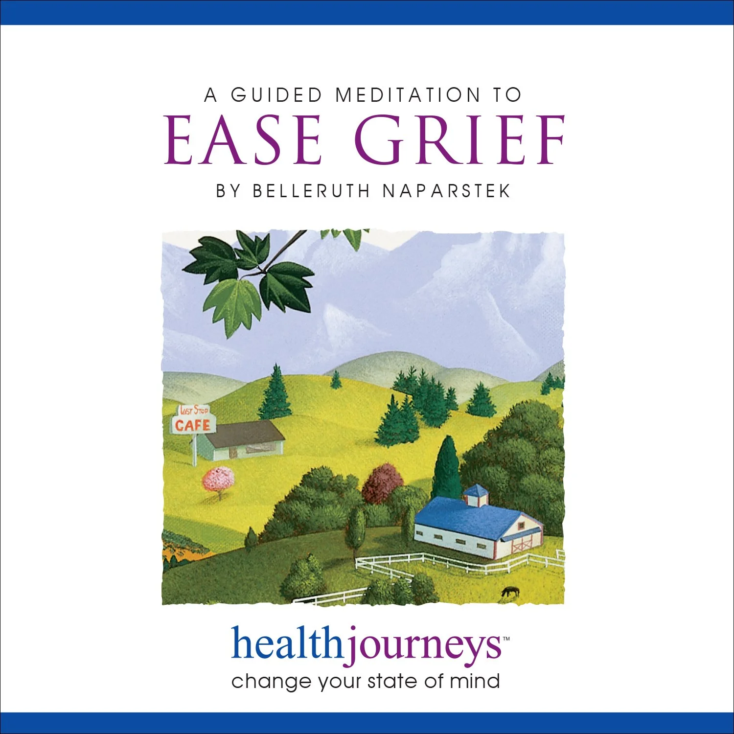 Book cover for "A Guided Meditation to Ease Grief" by Belleruth Naparstek, featuring a pastoral landscape with rolling hills, a cottage, and green trees under mountains