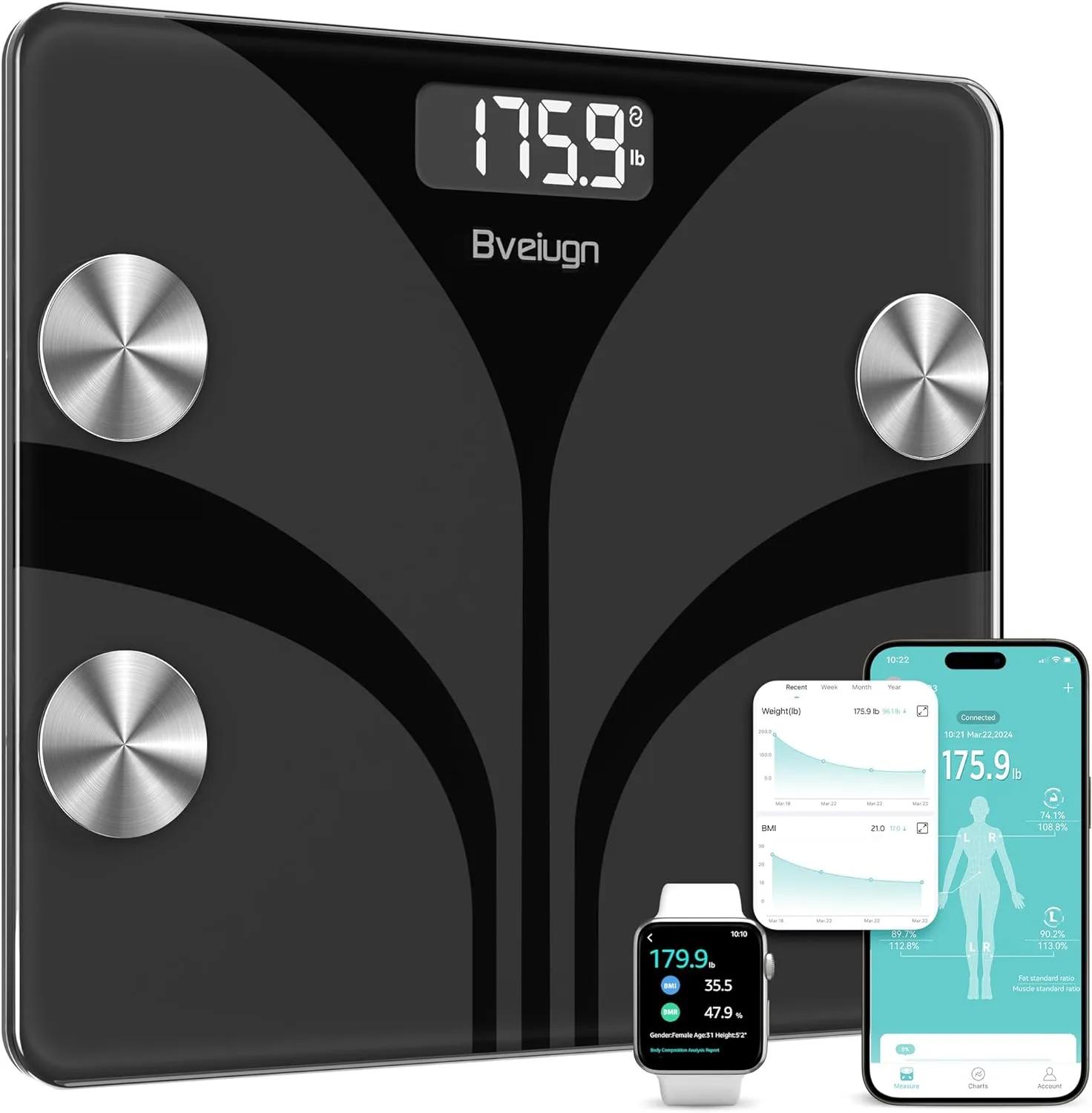 Bveligm digital body scale displaying 175.9 pounds with connected smartphone and smartwatch showing health metrics