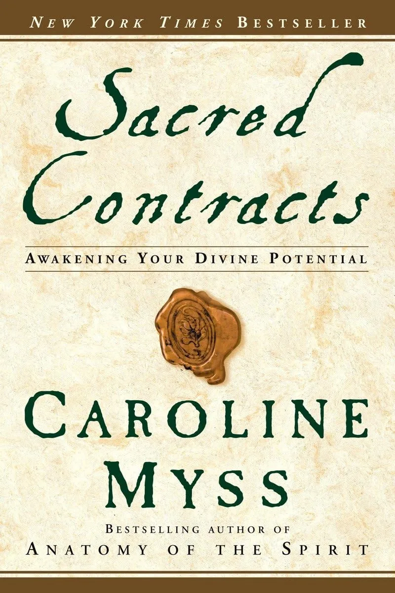 Book cover: Sacred Contracts by Caroline Myss, New York Times Bestseller, with wax seal illustration