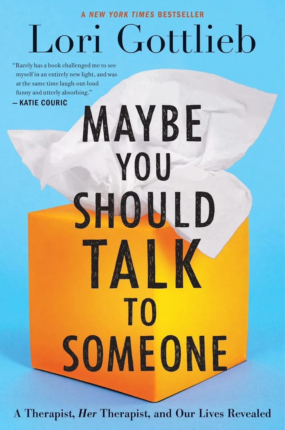 Book cover for "Maybe You Should Talk to Someone" by Lori Gottlieb, #1 New York Times Bestseller, with white envelope on blue background