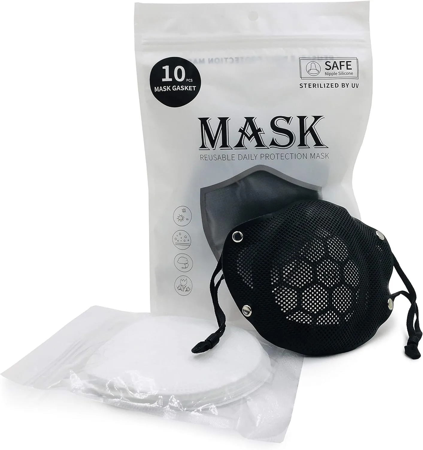 Package of reusable daily protection masks with one black mesh mask and white filter insert displayed