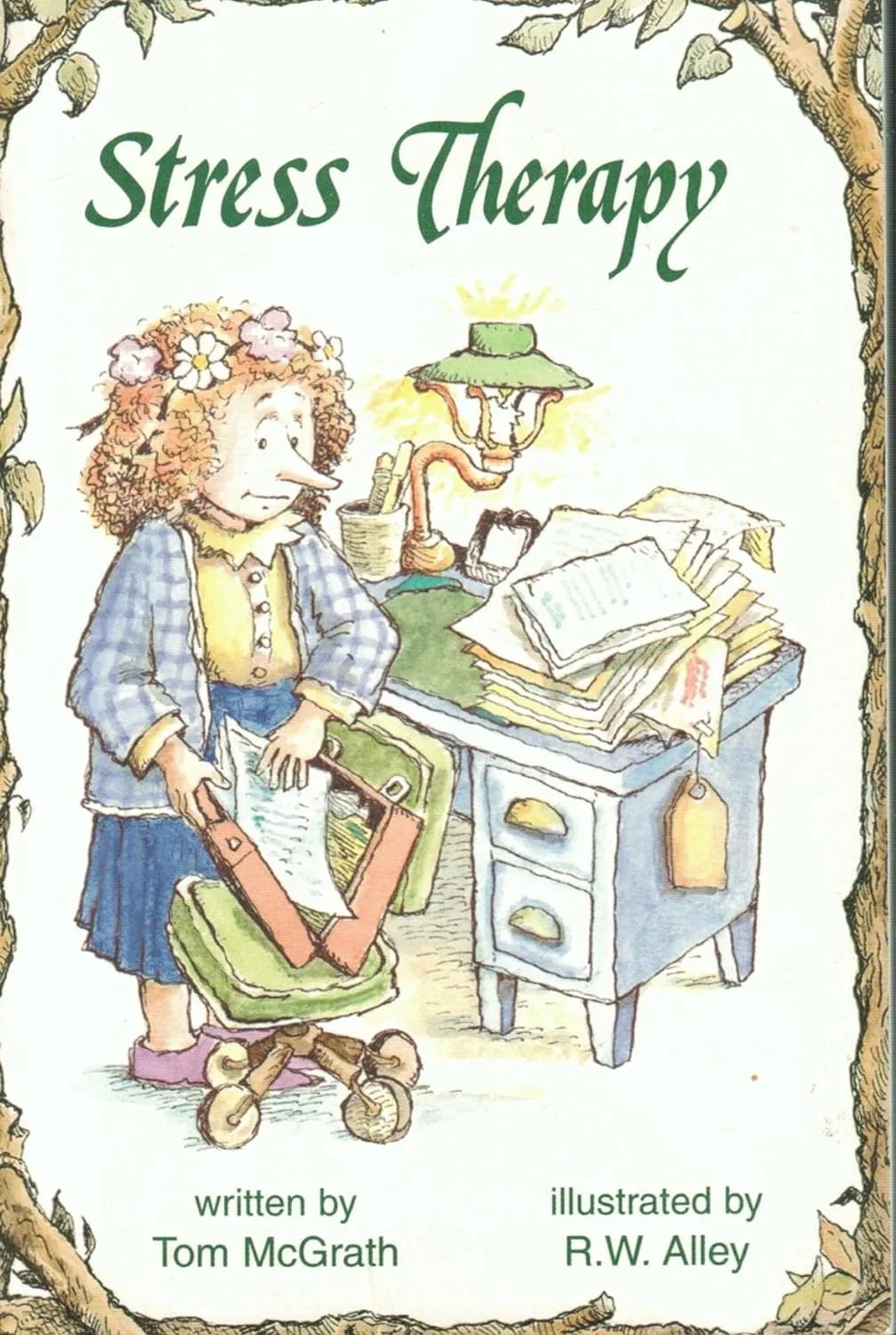 Stress Therapy book cover showing a woman at a desk with papers, flowers in her hair, and a desk lamp, written by Tom McGrath and illustrated by R.W. Alley