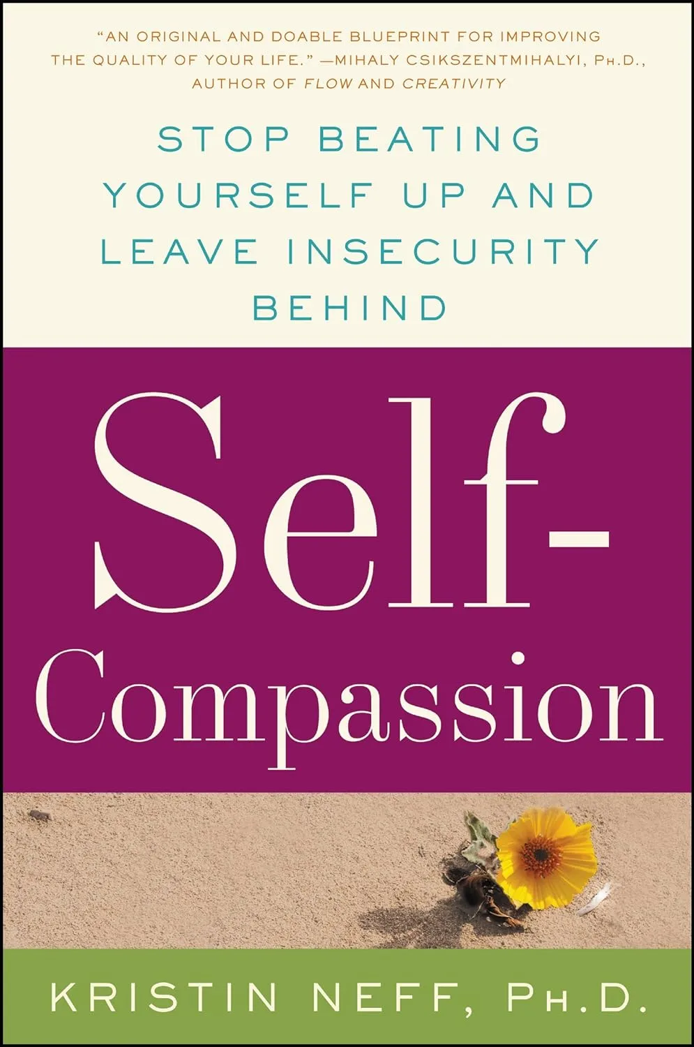Self-Compassion book cover by Kristin Neff, Ph.D. with title and bee on yellow flower