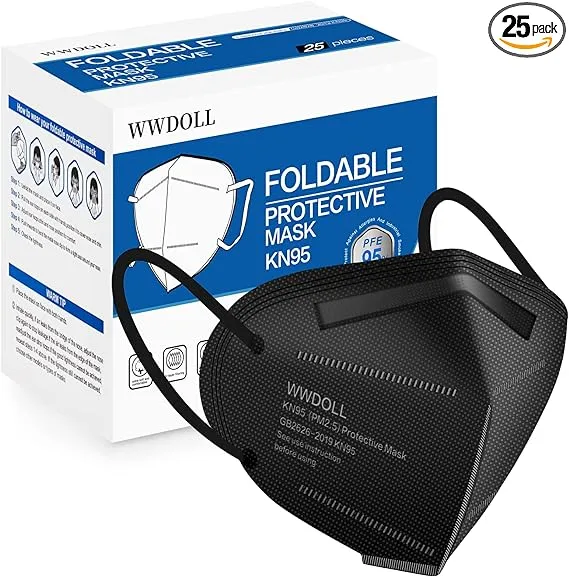 WWDOLL KN95 face mask box and black foldable protective mask, labeled 25 pack