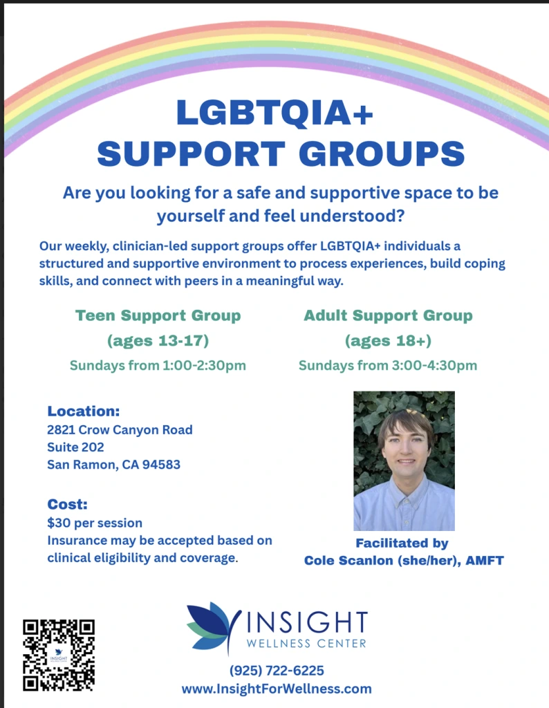 LGBTQIA+ Support Groups flyer with rainbow banner describing teen and adult support groups facilitated by Cole Scanlon, AMFT at Insight Wellness Center