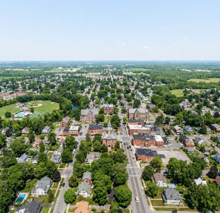 Aerial view of Lancaster, NY, home of our two offices