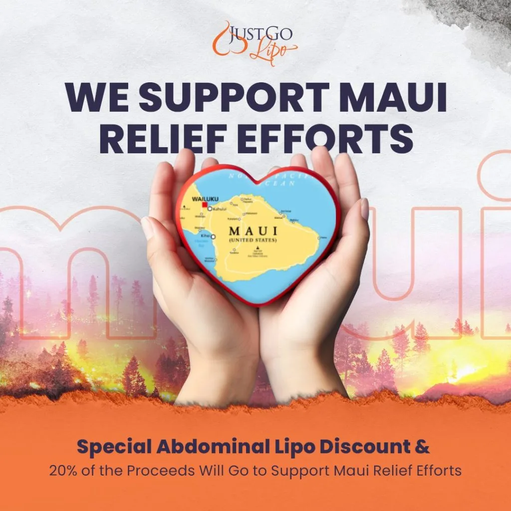 JustGo Lipo logo and hands holding heart-shaped Maui map with text: We Support Maui Relief Efforts, Special Abdominal Lipo Discount & 20% of Proceeds Will Go to Support Maui Relief Efforts