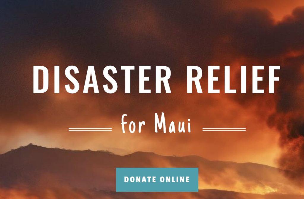 Disaster Relief for Maui text over wildfire landscape with donate online button