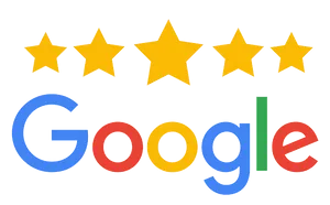 Google logo with five gold stars rating