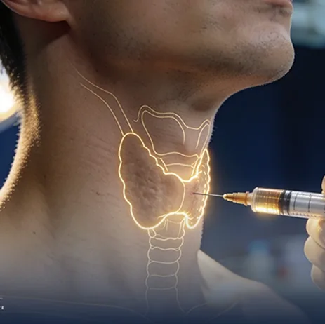 Illustrated syringe performing ethanol ablation on glowing thyroid gland in neck