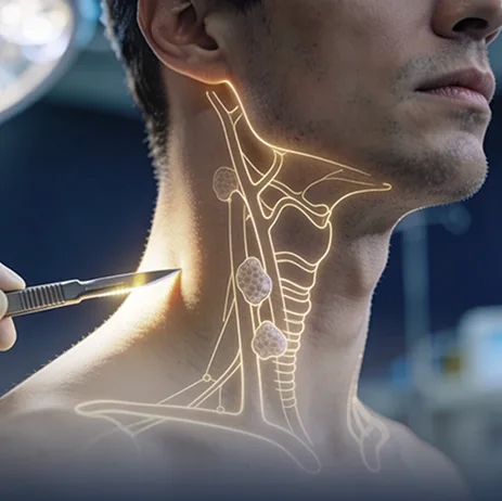 Illustrated surgical instrument performing neck dissection with glowing lymph node anatomy overlay