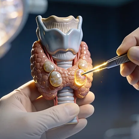 Hands holding 3D model of thyroid gland with glowing parathyroid glands highlighted by surgical probe