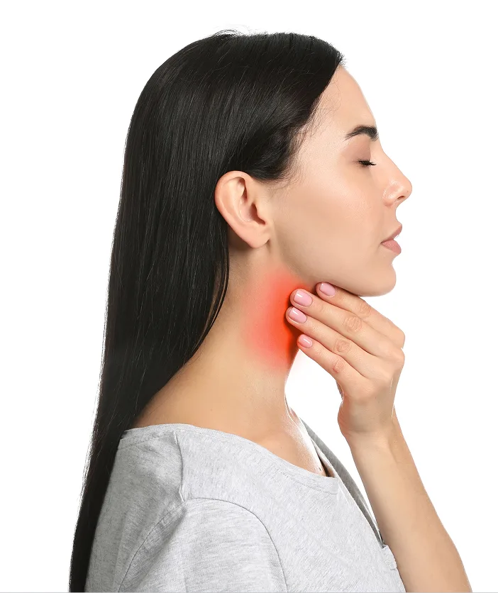 Woman in profile holding her neck with red highlighted area showing neck pain or inflammation