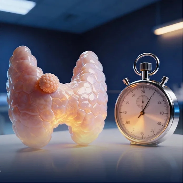 Thyroid gland model with nodule next to stopwatch, representing quick treatment time