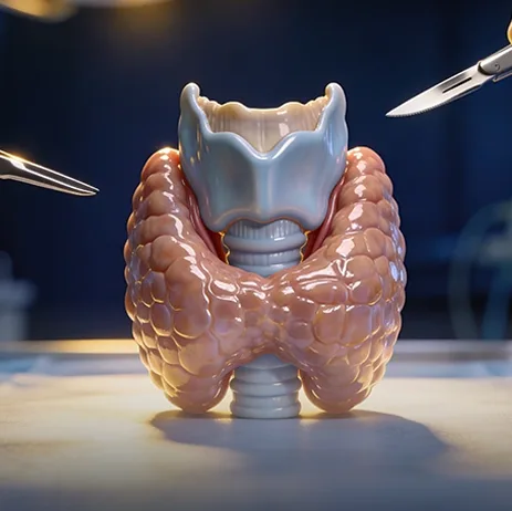 Surgical instruments operating on 3D thyroid gland model with detailed anatomical structure
