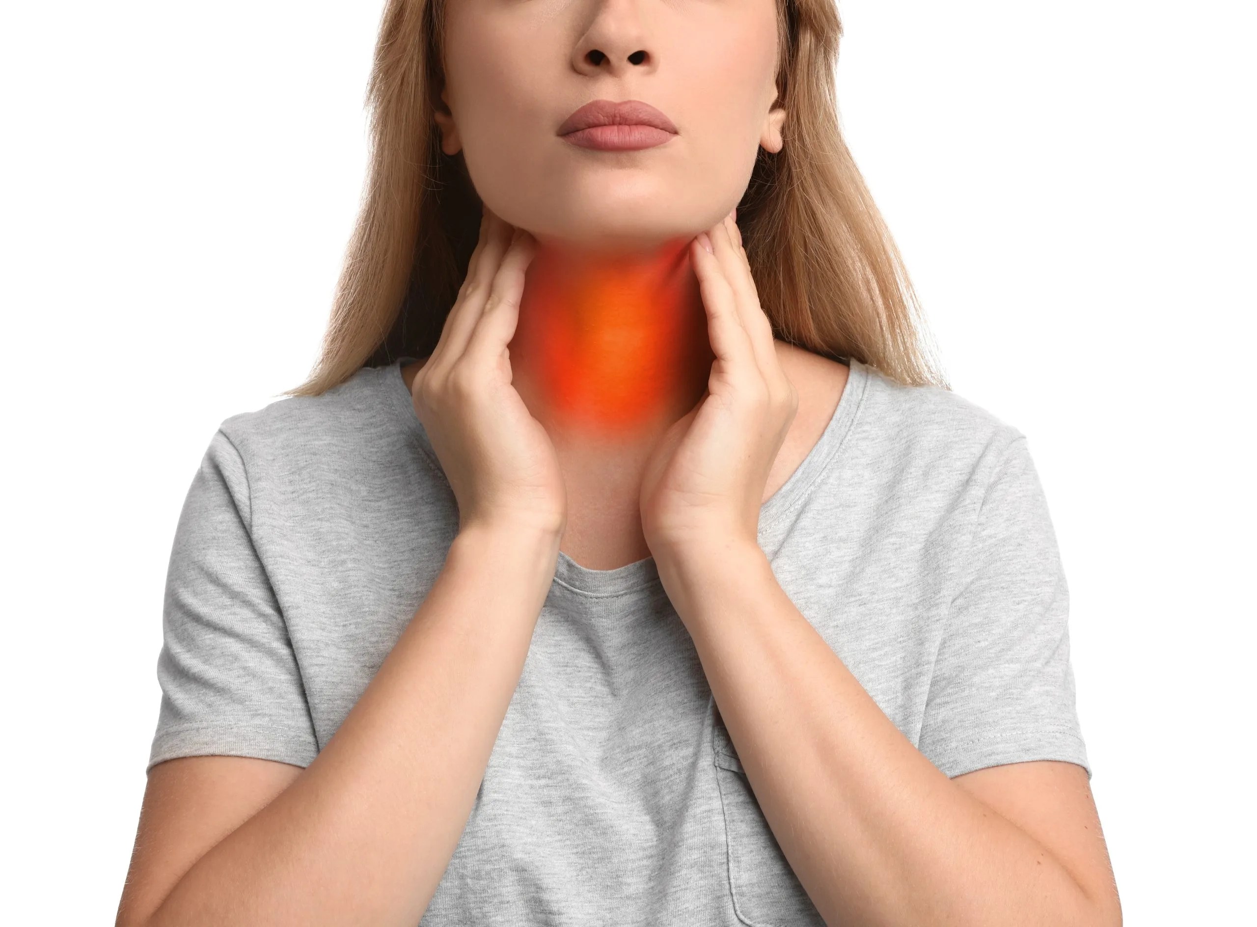 Woman performing thyroid self-examination with hands on neck, thyroid area highlighted in red