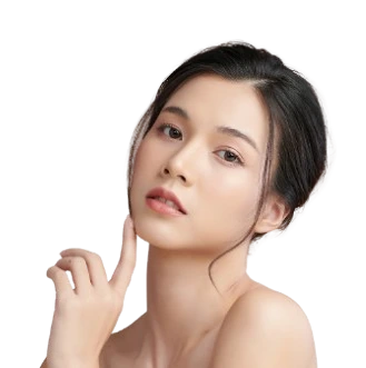 Woman with short dark hair touching her jawline, looking upward with calm expression