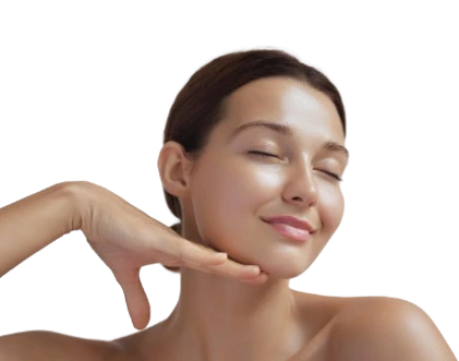 Woman touching her face with hand, eyes closed, demonstrating smooth skin texture