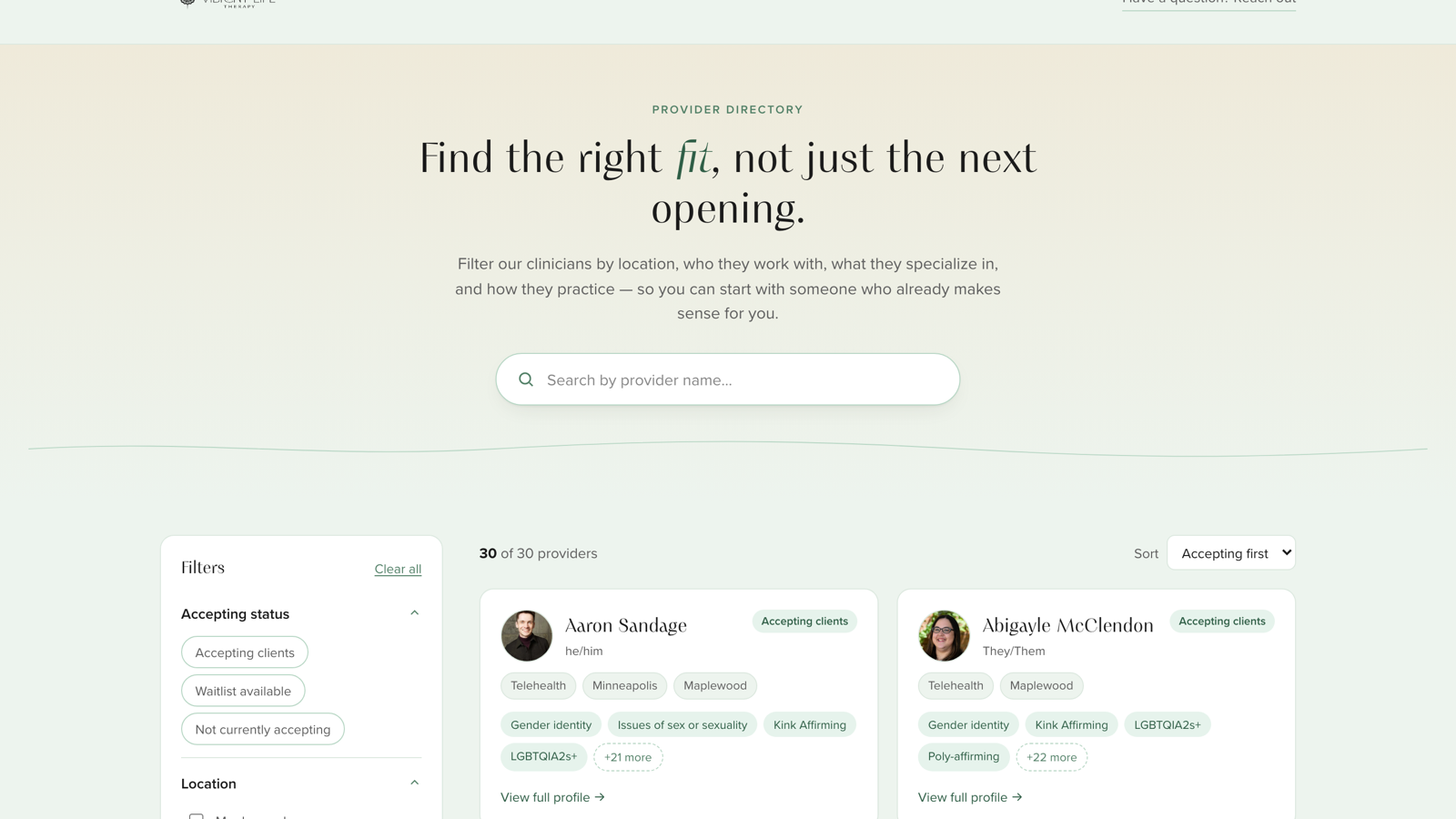 Vibrant Life Therapy Clinic provider directory