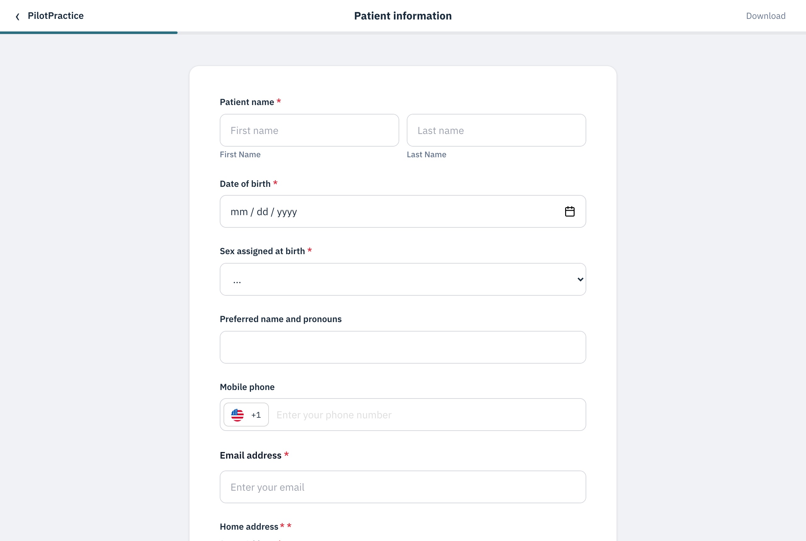 Patient intake form with name, date of birth, and contact fields