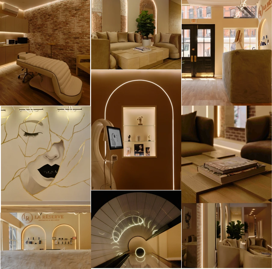 La Reservé Aesthetics treatment room with curved beige lounger, exposed brick wall, and warm lighting