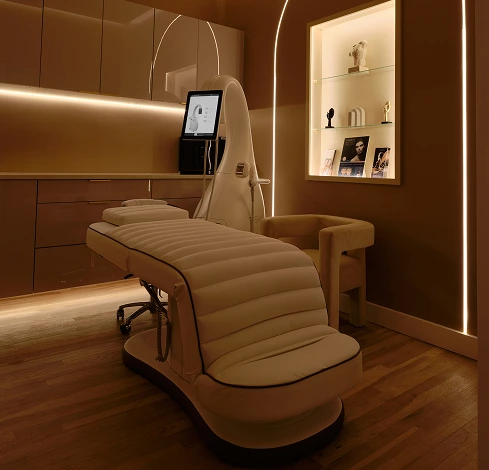 Modern treatment room at La Reservé Aesthetics with a beige procedural chair, warm wood paneling, ambient lighting, and digital display console