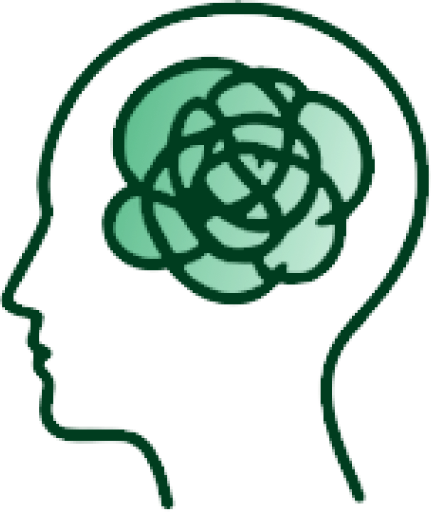 Profile of a head with tangled lines inside the brain area, symbolizing mental health challenges