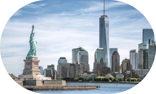 New York City skyline with Statue of Liberty and One World Trade Center