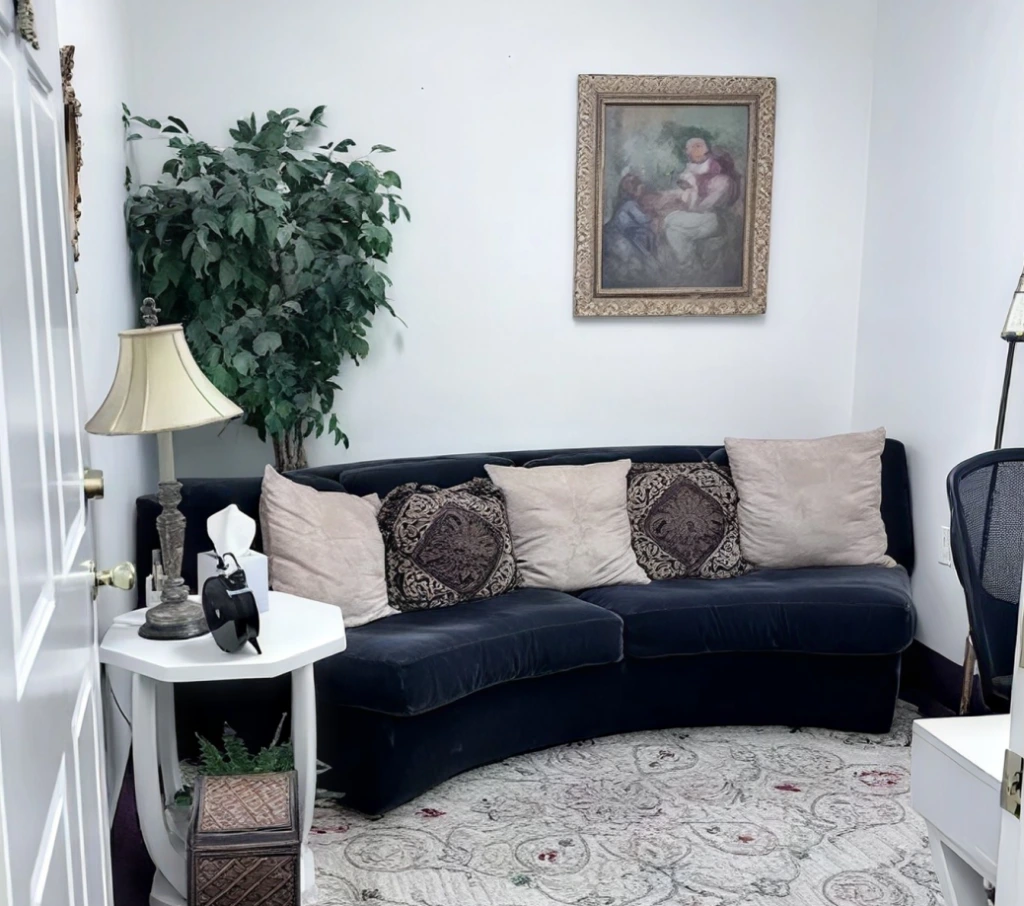 Serene waiting room with black curved sofa, cream and patterned pillows, green potted plant, framed artwork, and soft lighting