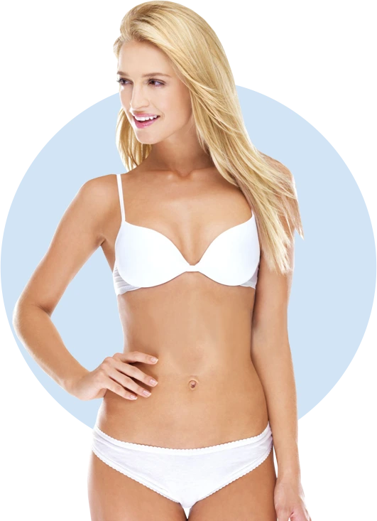 Woman with blonde hair smiling, displaying body shape and posture