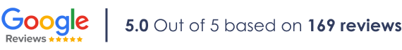 Google Reviews logo with 5.0 out of 5 stars based on 169 reviews